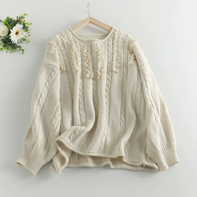 Beige White Twisted Ruffles Casual Sweater Winter Autumn Women Round Neck Pullover hanarii shop cozy cute 