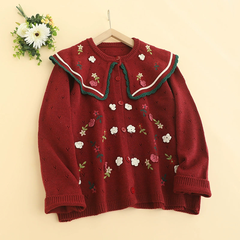 Burgundy Red Rose Garden Retro Knitted Cardigan Sweater Embroidery Cardigan Women Outerwear Cottagecore Aesthetic Hanarii shop