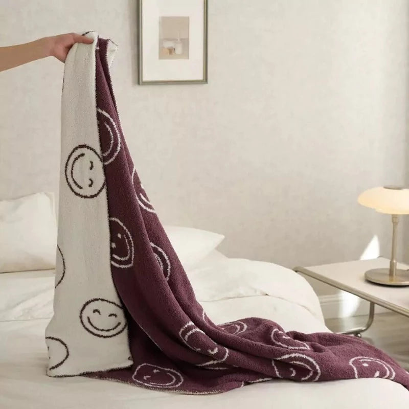 Preppy Smiley Face Blanket Soft Cozy Downy Microfiber Knitted Throw Blanket Elegant Sofa Bed TV Quilt Blankets