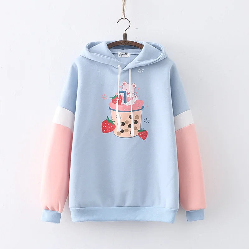 Strawberry Bear Boba Tea Kawaii Print Hoodies