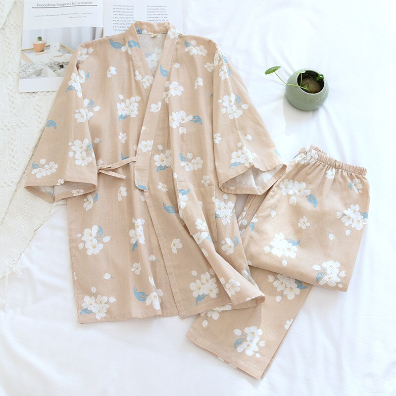 Pastel Beige White Spring Blossoms Kimono Style Pyjamas Set Japanese Style cotton home clothes cute sweet two-piece pjs top and pants loungewear sleepwear