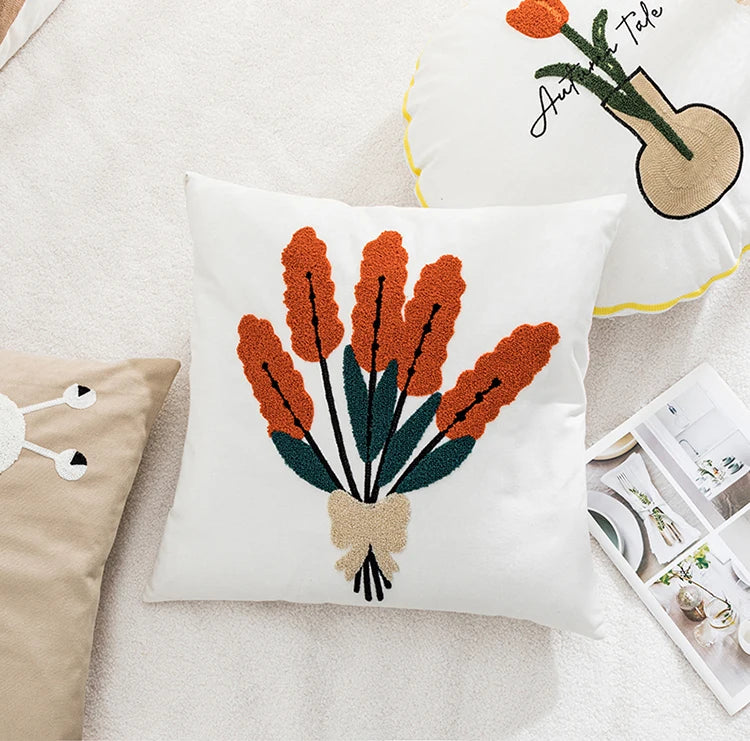 Embroidery Snail Floral Red Pampas Plant Pillowcase Home Decorative Living Room Art Decor