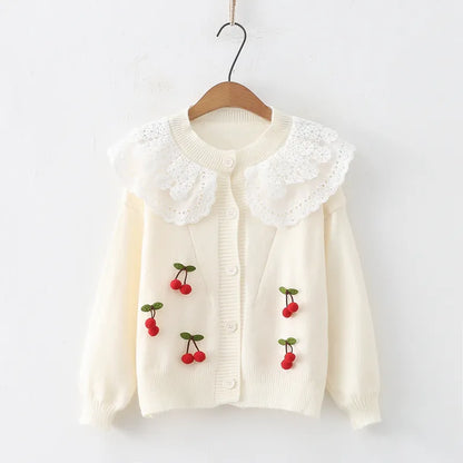 White Cherry Lace Sweetheart Cardigan Women Oversized Cardigan Autumn Winter Long Sleeves Sweet Sweaters Jacquard Pockets Casual Chic Kawaii Tops