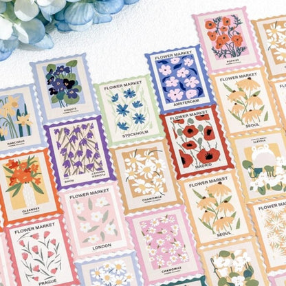 Mini Floral Stamp Stickers Post Office Stamp Like Stickers Boxed Set Scrapbooking Journal Decor School Crafts Supplies