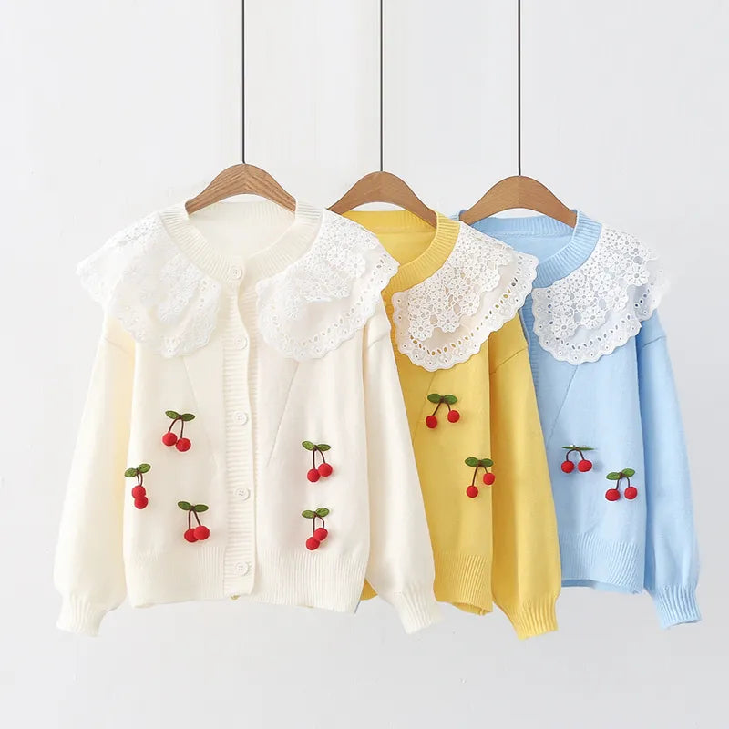 Little Cherry Lace Sweetheart Cardigan Women Oversized Cardigan Autumn Winter Long Sleeves Sweet Sweaters Jacquard Pockets Casual Chic Kawaii Tops