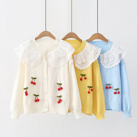 Little Cherry Lace Sweetheart Cardigan Women Oversized Cardigan Autumn Winter Long Sleeves Sweet Sweaters Jacquard Pockets Casual Chic Kawaii Tops