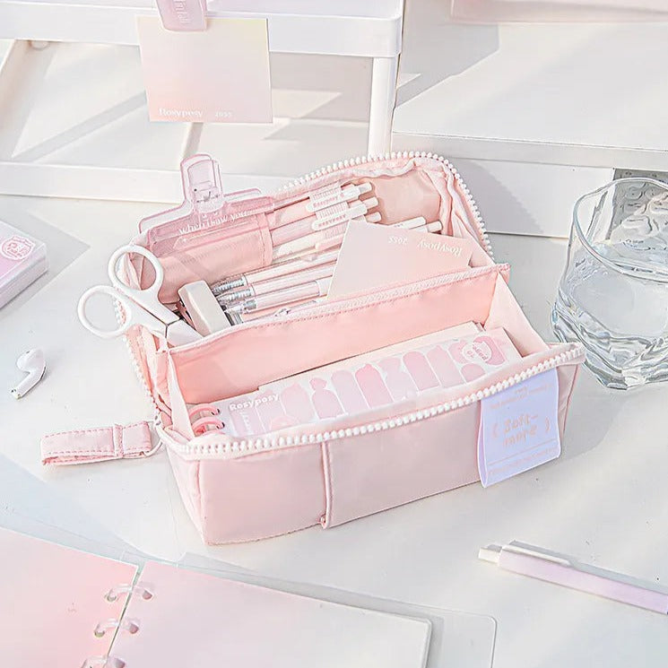 Baby Pink Soft Pastel Large Capacity Fabric Pencil Case Pen Bag Pocket Pastel Colours Palette Stationery Pouch for School 