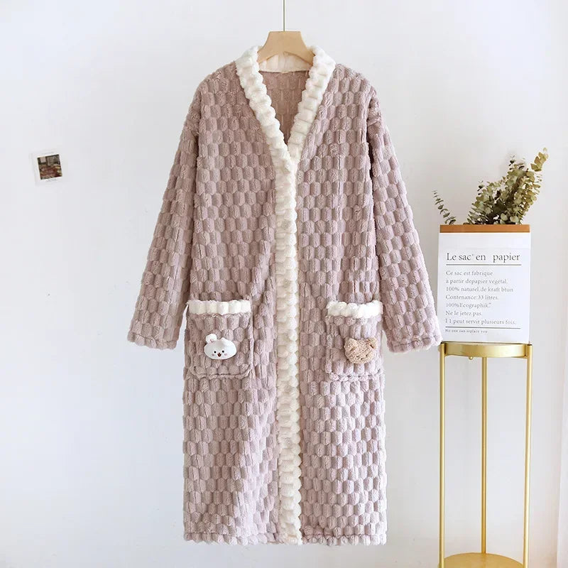 Kawaii Rabbit Plush Night Robe Sleeping Gown Flannel Thickened Warm Night robe Long Dress Coral Loungewear Sleepwear Ladies