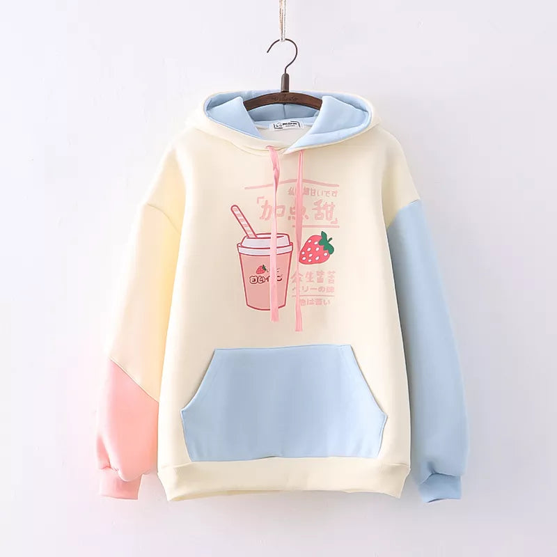 Kawaii Strawberry Drink Print Hoodies Winter Fleece Hooded Sweater