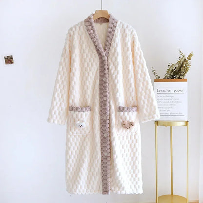 Kawaii Rabbit Plush Night Robe Sleeping Gown Flannel Thickened Warm Night robe Long Dress Coral Loungewear Sleepwear Ladies