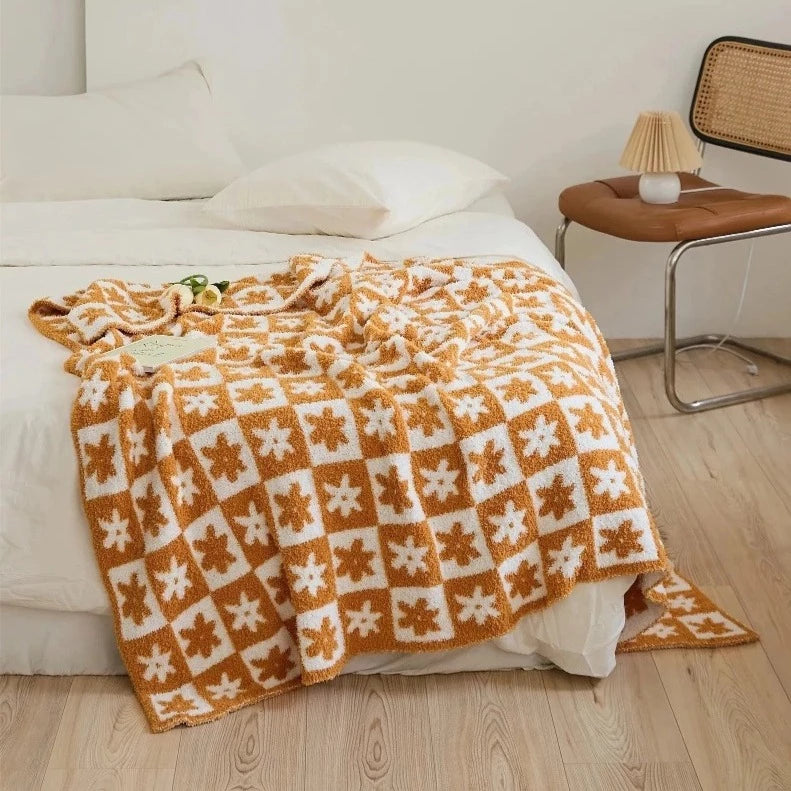 Orange Autumn Fall Burnt Orange Cute Flower Two Color Plaid Blanket Home Room Decorative Checkerboard Blanket For Sofa Bed Office Shawl Knee Warm Blanket