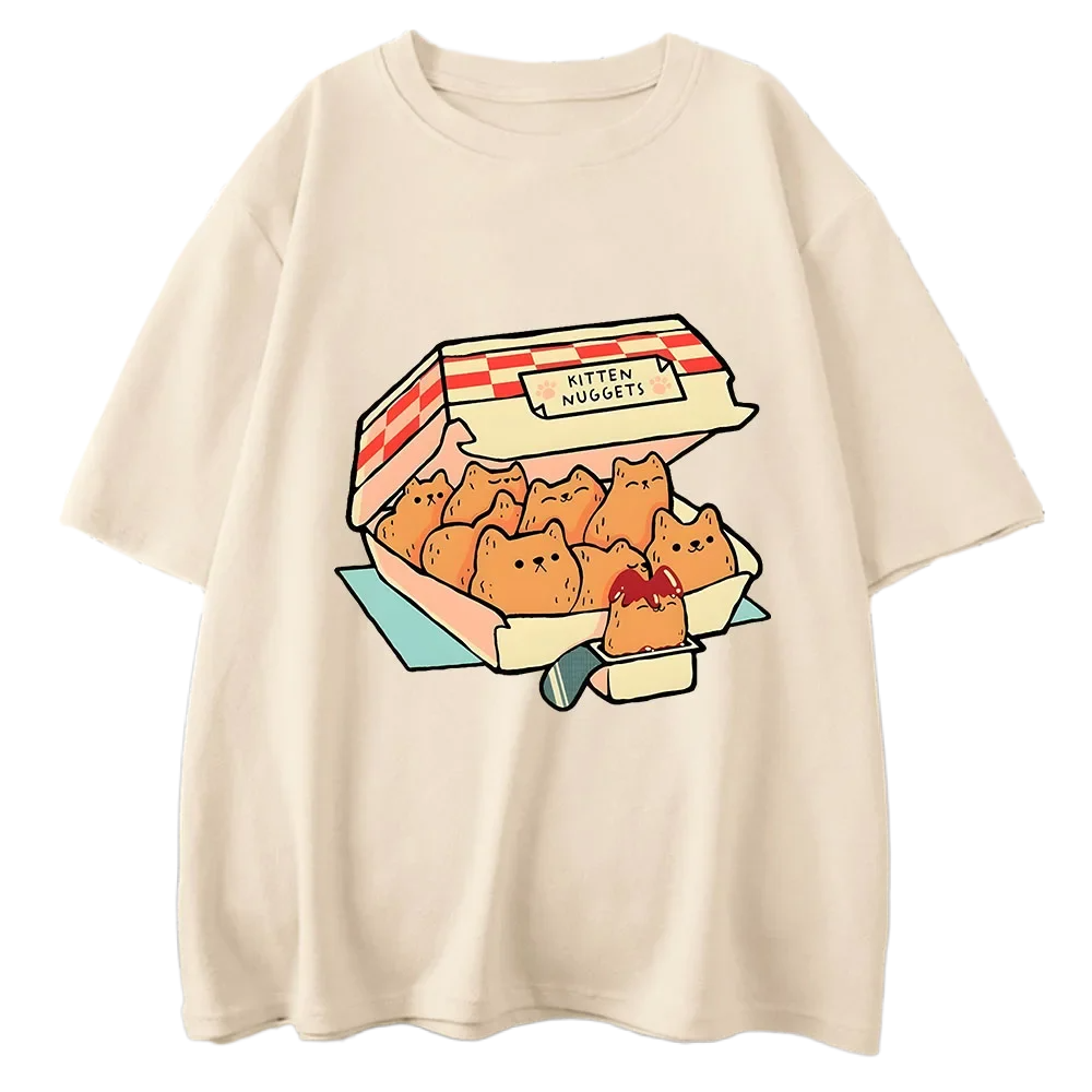 Kawaii Cat Nuggets Print T-Shirts Cute Kitty Cat Harajuku Fashion Summer Tee Shirt