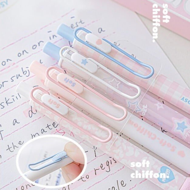 Soft Chiffon Gel Pen Set (Set of 4) 0.5mm Ballpoint Black Color Ink for Writing Cream Pink Sky Blue Design Soft Pastel Gel Pens