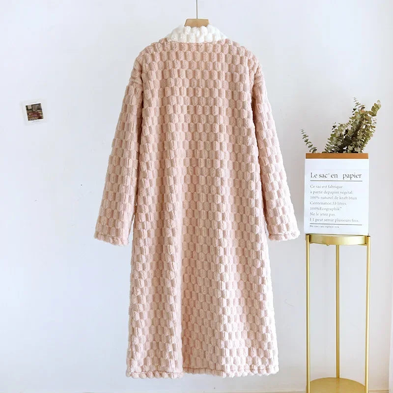 Kawaii Rabbit Plush Night Robe Sleeping Gown Flannel Thickened Warm Night robe Long Dress Coral Loungewear Sleepwear Ladies