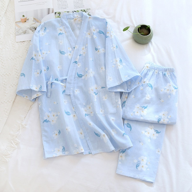 Sky Blue Soft Spring Blossoms Kimono Style Pyjamas Set Japanese Style cotton home clothes cute sweet two-piece pjs top and pants loungewear sleepwear