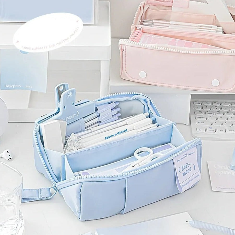 Soft Pastel Large Capacity Fabric Pencil Case Pen Bag Baby Blue Pocket Pastel Colours Palette Stationery Pouch for School 