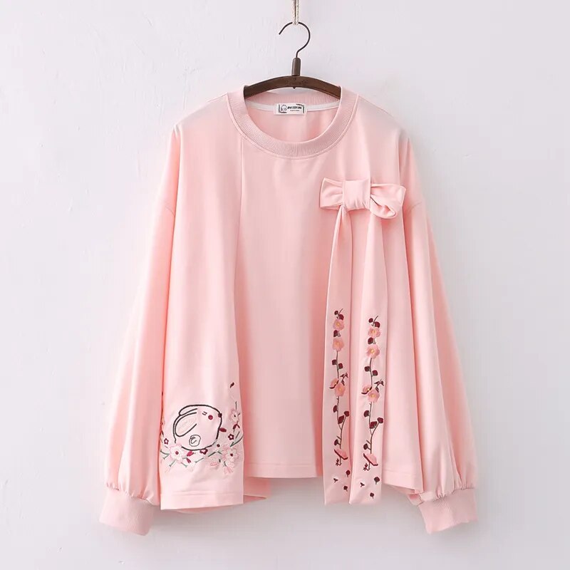 Sakura Rabbit Flower Blossoms Fleece Top Embroidery Lace Up Women Cotton Sweatshirt Long Sleeve O Neck Loose Warm Casual Sweetheart Style Pullover