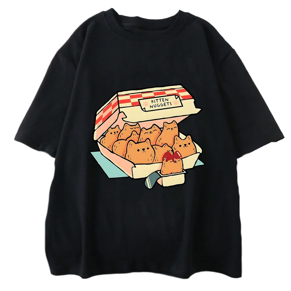 Kawaii Cat Nuggets Print T-Shirts Cute Kitty Cat Harajuku Fashion Summer Tee Shirt