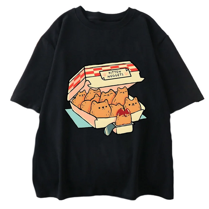 Kawaii Cat Nuggets Print T-Shirts Cute Kitty Cat Harajuku Fashion Summer Tee Shirt