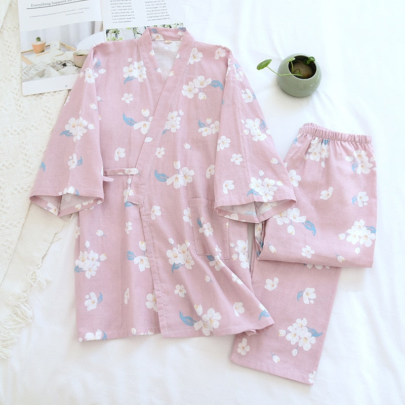 Pink Pastel Spring Blossoms Kimono Style Pyjamas Set Japanese Style cotton home clothes cute sweet two-piece pjs top and pants loungewear sleepwear