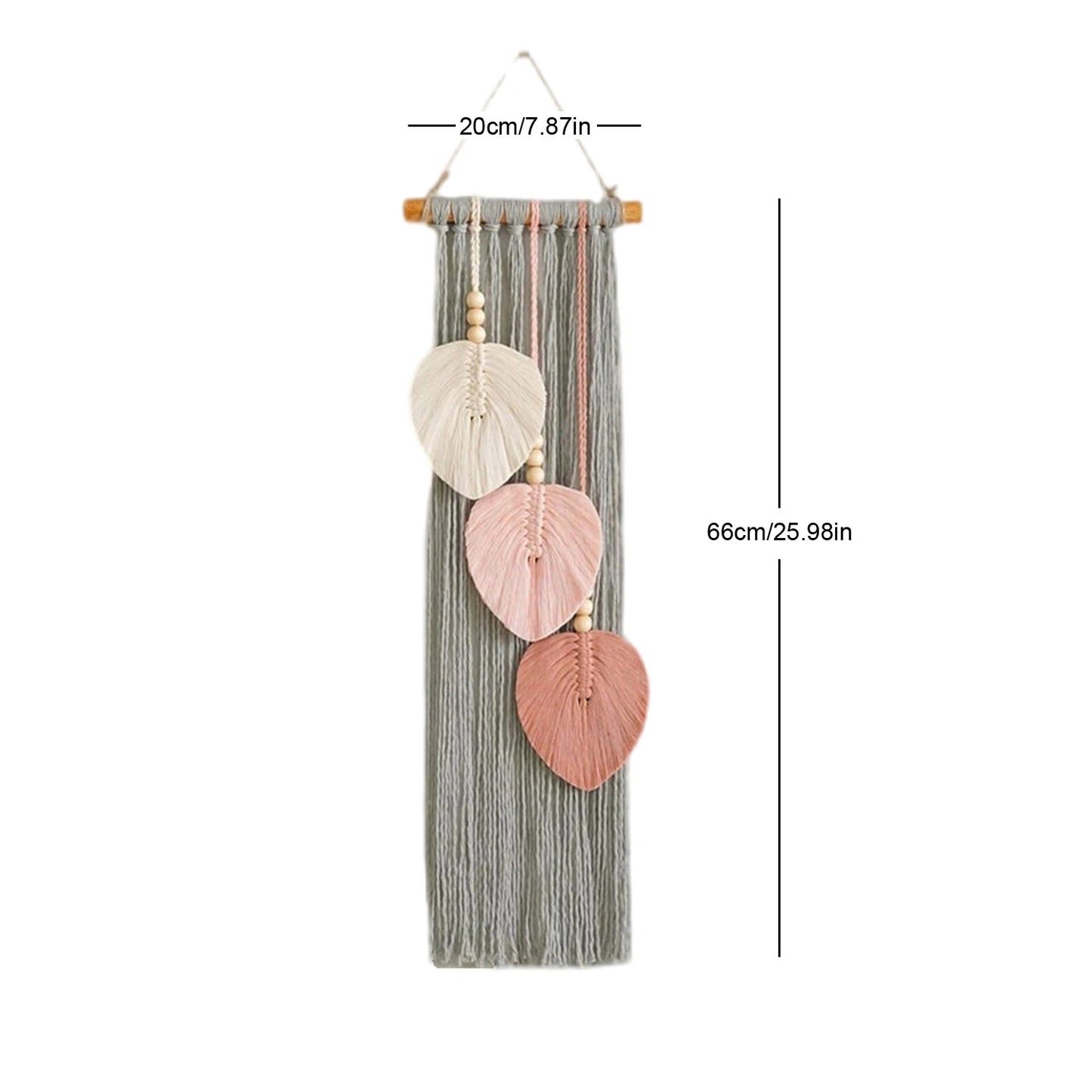 Decorative wall hanging with leaf-shaped beads on a white background