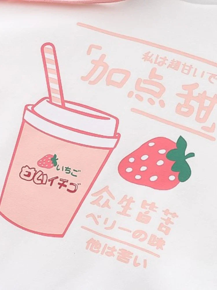 Kawaii Strawberry Drink Print Hoodies