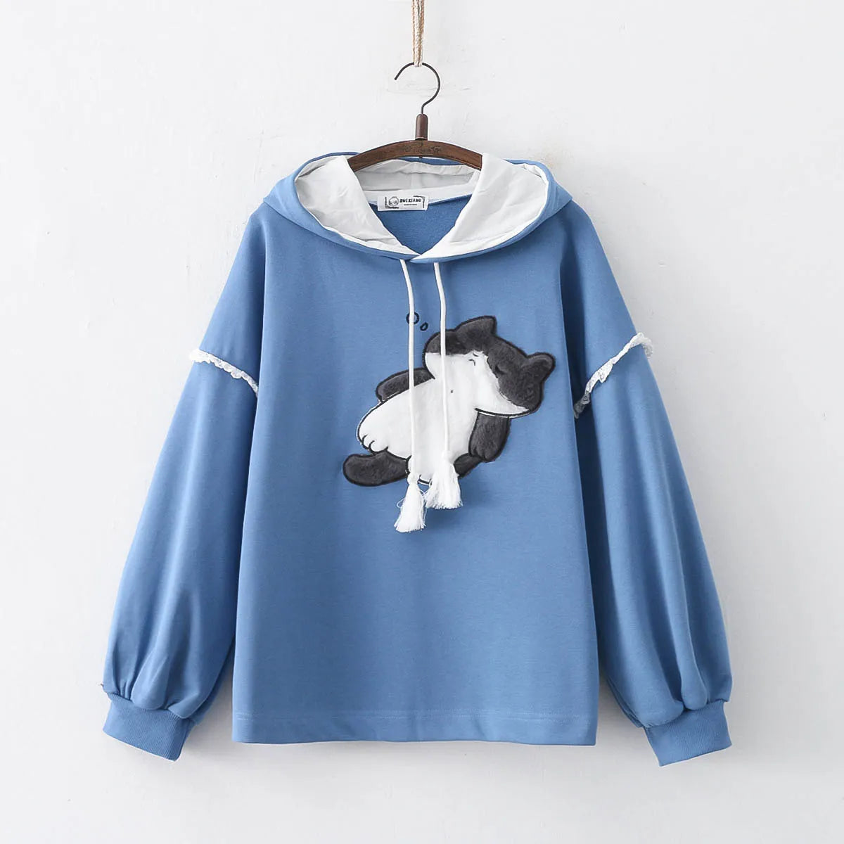 dark blue Sleeping Cat Lazy Cat Women Cute Hooded Sweatshirt  Autumn Hoodie Cat Dog Embroidery Cotton Hoodie Streetwear Pullover Korean Fashion Girls Kawaii Top