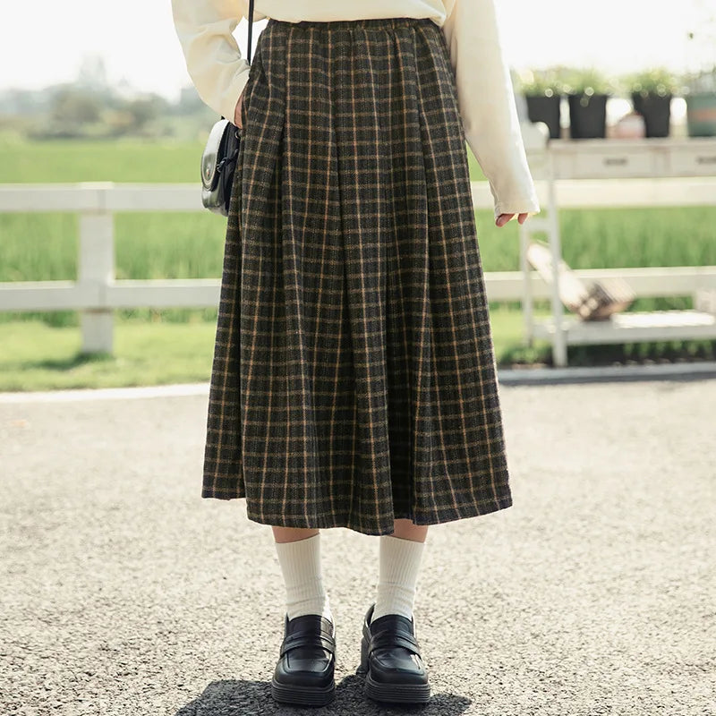 elegant classic tartan women midi skirt girl light academia aesthetic 