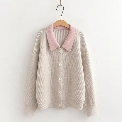 White Beige Pastel Collared Knitted Cardigans Autumn Long Sleeve Turndown Collar Loose Sweaters Solid Warm Casual Chic Tops