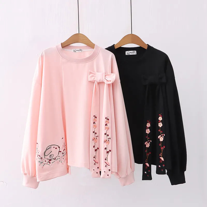 Sakura Rabbit Flower Blossoms Fleece Top Embroidery Lace Up Women Cotton Sweatshirt Long Sleeve O Neck Loose Warm Casual Sweetheart Style Pullover