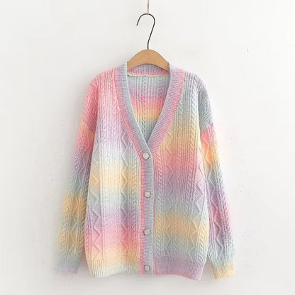 Rainbow Wonder Knit Cardigan Autumn Winter Long Sleeve V Neck Loose Sweater Preppy Style Casual Versatile Outwear Tops