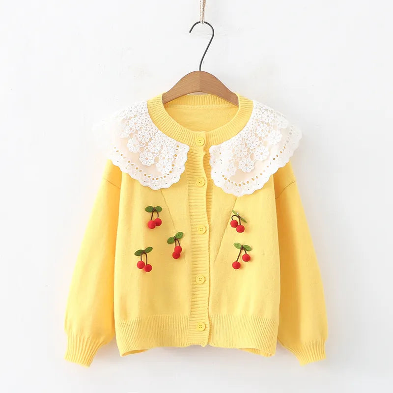 Yellow Cherry Lace Sweetheart Cardigan Women Oversized Cardigan Autumn Winter Long Sleeves Sweet Sweaters Jacquard Pockets Casual Chic Kawaii Tops