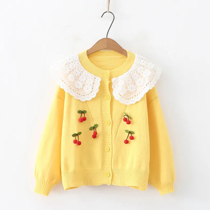 Yellow Cherry Lace Sweetheart Cardigan Women Oversized Cardigan Autumn Winter Long Sleeves Sweet Sweaters Jacquard Pockets Casual Chic Kawaii Tops