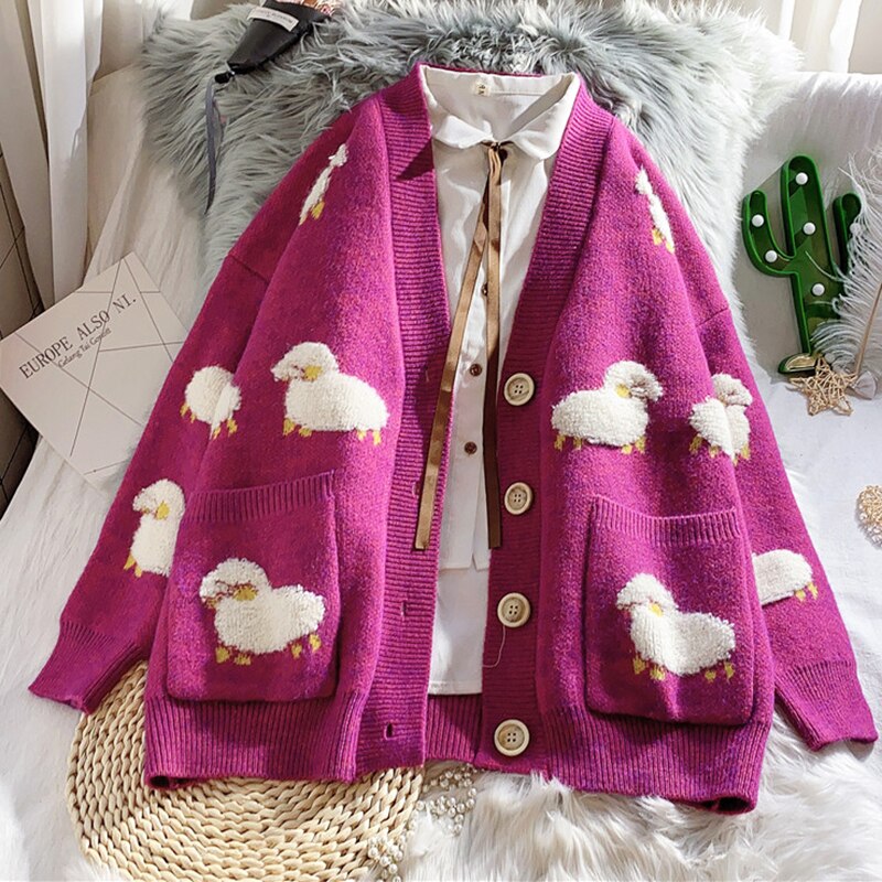 kawaii sweet Autumn Cartoon Sheep Print Loose Fit Oversized Boyfriend Cardigan 