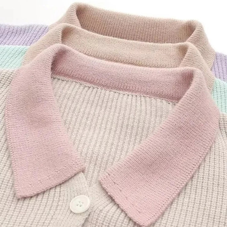 Pastel Collared Knitted Cardigans Autumn Long Sleeve Turndown Collar Loose Sweaters Solid Warm Casual Chic Tops