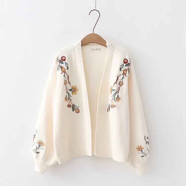 Beige White Mori Girl Elegant Floral Embroidery Cardigan Autumn Winter V Neck Knitted Cardigan Women Outerwear