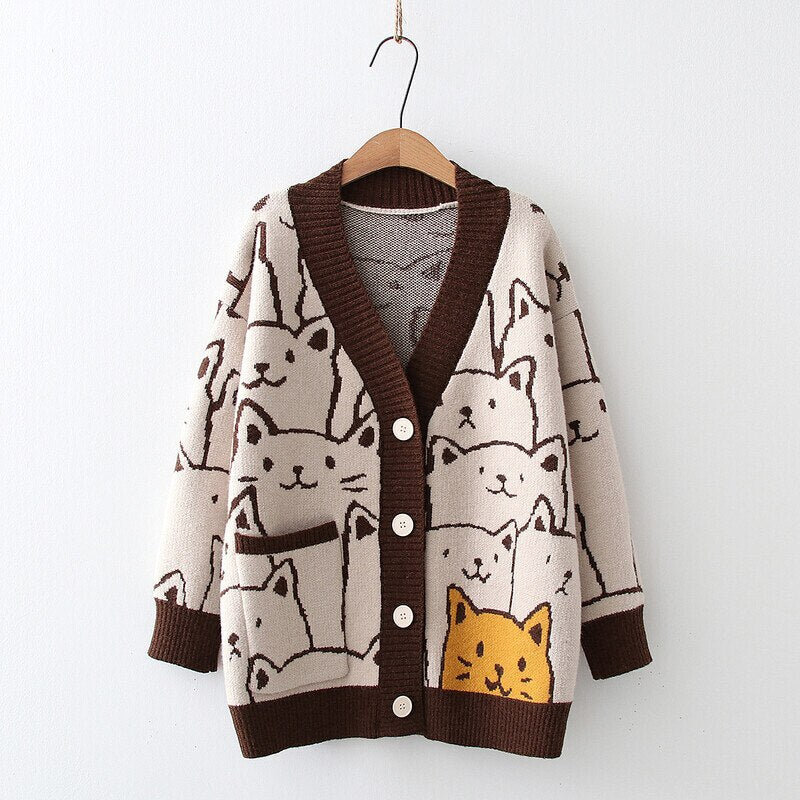 Harajuku Cartoon Cat knitted cardigans Womens Sweater Long Sleeve cardigan 