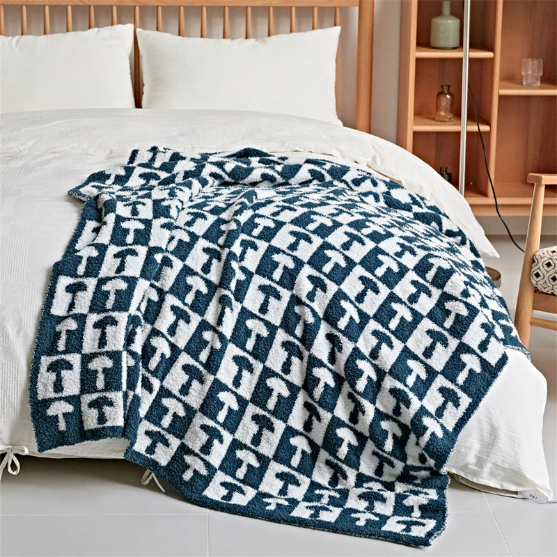 Ocean Blue Mushroom Checkerboard Knitted Blanket Fluffy Cozy Sofa Bed Throws Jacquard Blanket Hanarii Shop