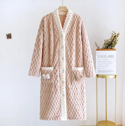 Kawaii Rabbit Plush Night Robe Sleeping Gown Flannel Thickened Warm Night robe Long Dress Coral Loungewear Sleepwear Ladies