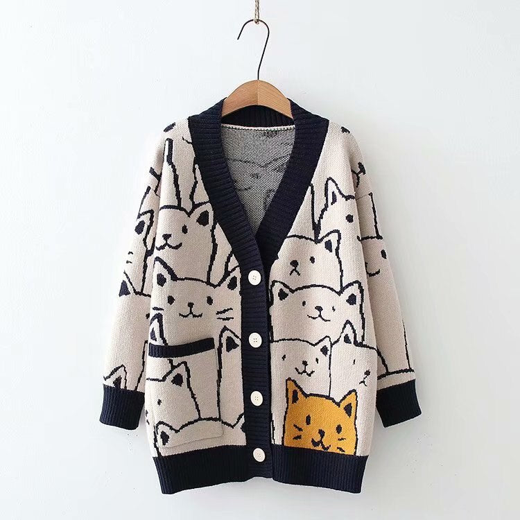 Harajuku Cartoon Cat knitted cardigans Womens Sweater Long Sleeve cardigan 