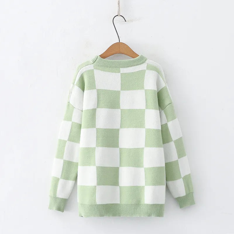 Green Hearts Checkered Sweater