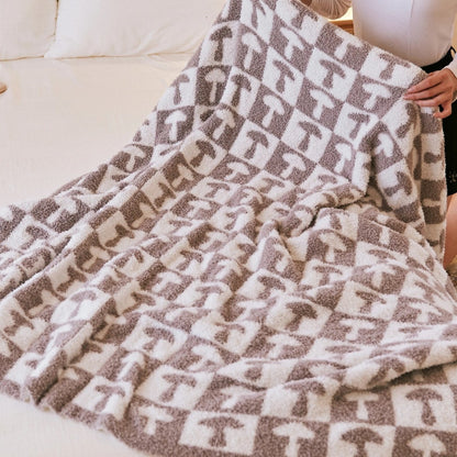 Grey Mushroom Checkerboard Knitted Blanket Fluffy Cozy Sofa Bed Throws Jacquard Blanket Hanarii Shop