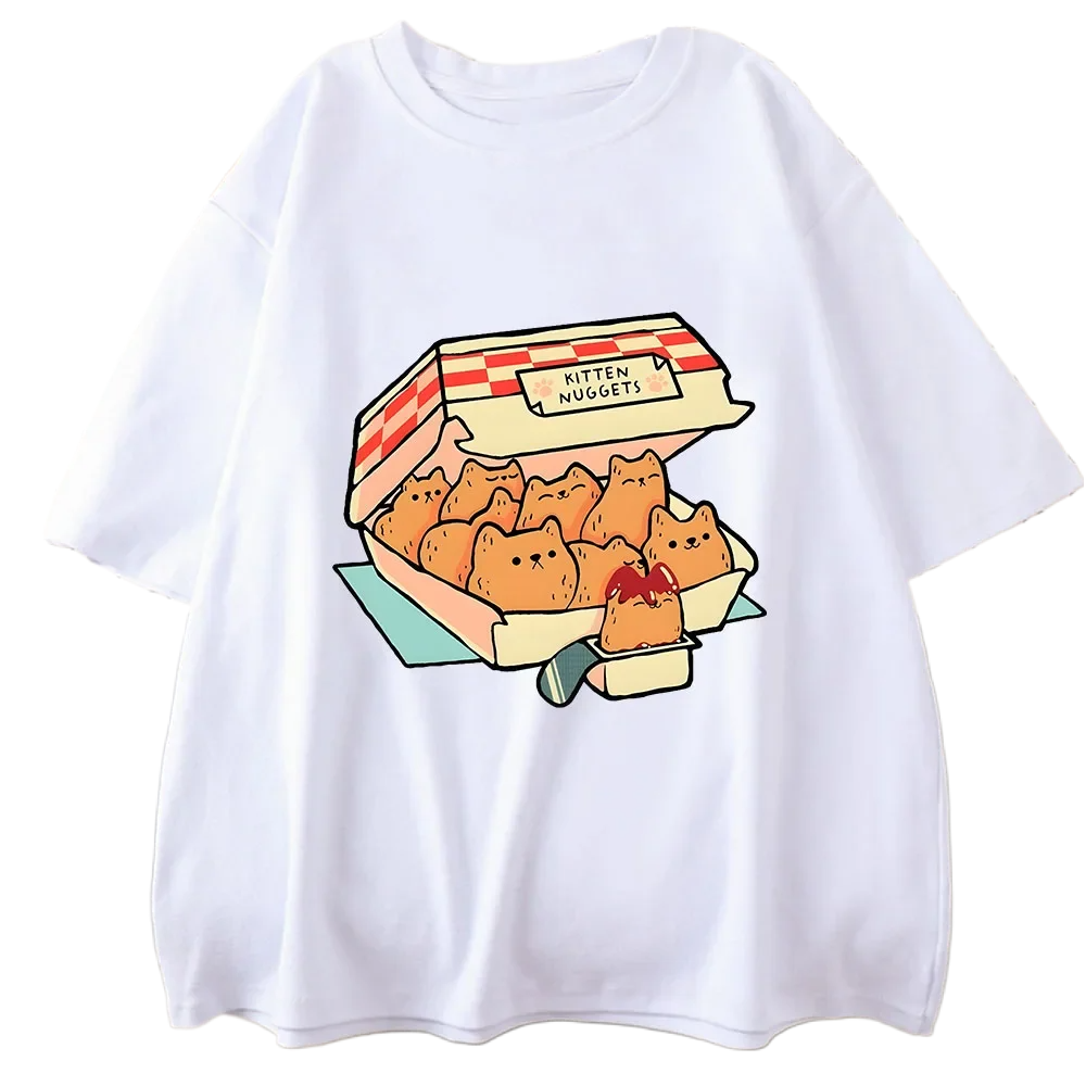 Kawaii Cat Nuggets Print T-Shirts Cute Kitty Cat Harajuku Fashion Summer Tee Shirt