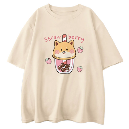 Strawberry Boba Tea Bubble Milk Tea x Shiba Inu Funny T-Shirt Kawaii Graphic Cartoon Print Tops Tee Shirts 