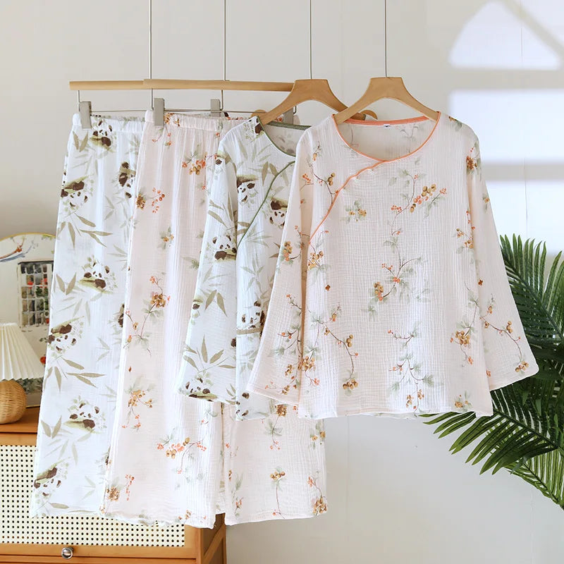 Floral pajama set on a hanger against a neutral background