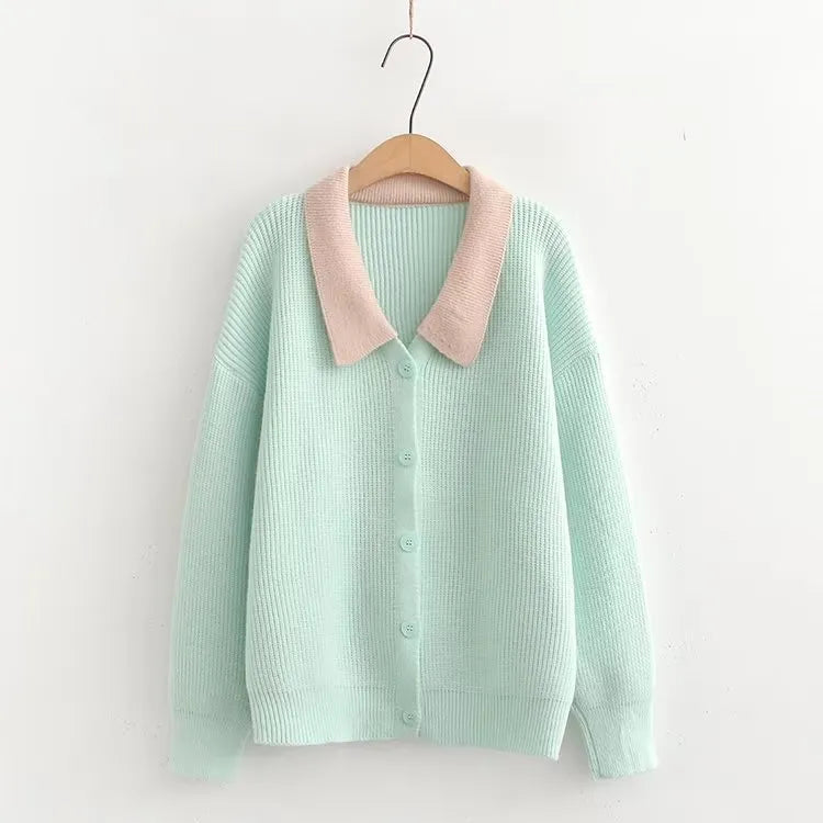 Ocean Marine Green Sky Blue Pastel Collared Knitted Cardigans Autumn Long Sleeve Turndown Collar Loose Sweaters Solid Warm Casual Chic Tops