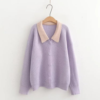 Lavender Purple Pastel Collared Knitted Cardigans Autumn Long Sleeve Turndown Collar Loose Sweaters Solid Warm Casual Chic Tops