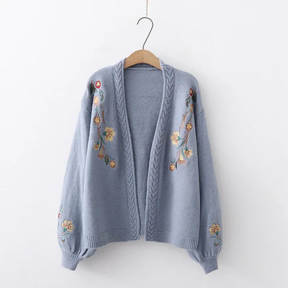 Blue  Mori Girl Elegant Floral Embroidery Cardigan Autumn Winter V Neck Knitted Cardigan Women Outerwear