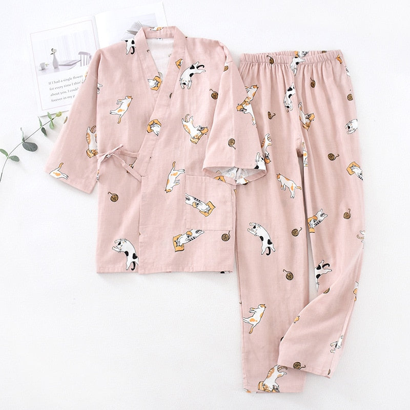 Cute Cartoon Cat Kimono Style Print Pyjamas Set Top & Trousers Sleepwear Cotton Rich