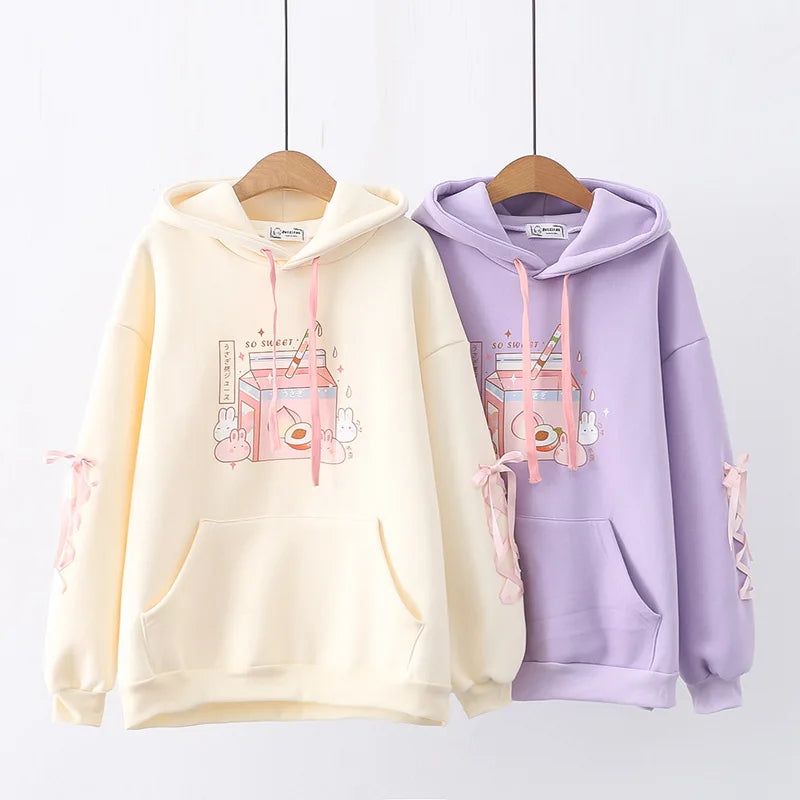 Sweet Peach Milk Print Hoodies Harajuku Style Hooded Sweaters Strawberry Rabbit Bunny Kawaii Fashion Fleece Warm Winter Hoodies Women Sweatshirt